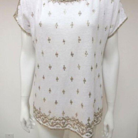 CALYPSO ST.BARTH WHITE YELLOW SEQUIN SHORT DOLMAN SLEEVE LINEN TUNIC TOP M - Picture 1 of 4